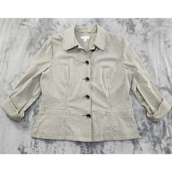 Charter Club Striped Button Front Blazer Jacket Size PM Green Roll Tab Sleeves - Picture 1 of 11